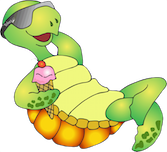 cartoon green turtle laying on back smiling with sunglasses
